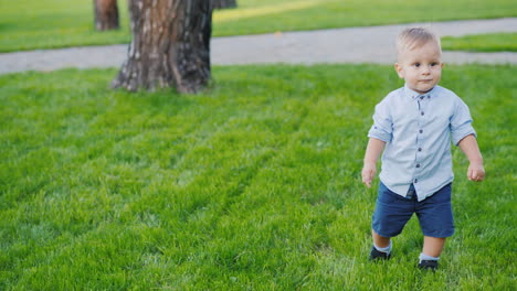 a merry kid runs towards the camera on the lawn