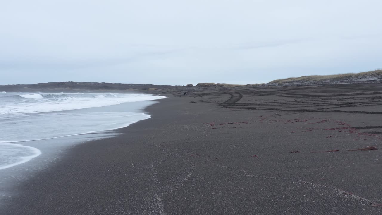 antena de bajo vuelo en la orilla de la playa de sandvik con arena volcánica negra en islandia