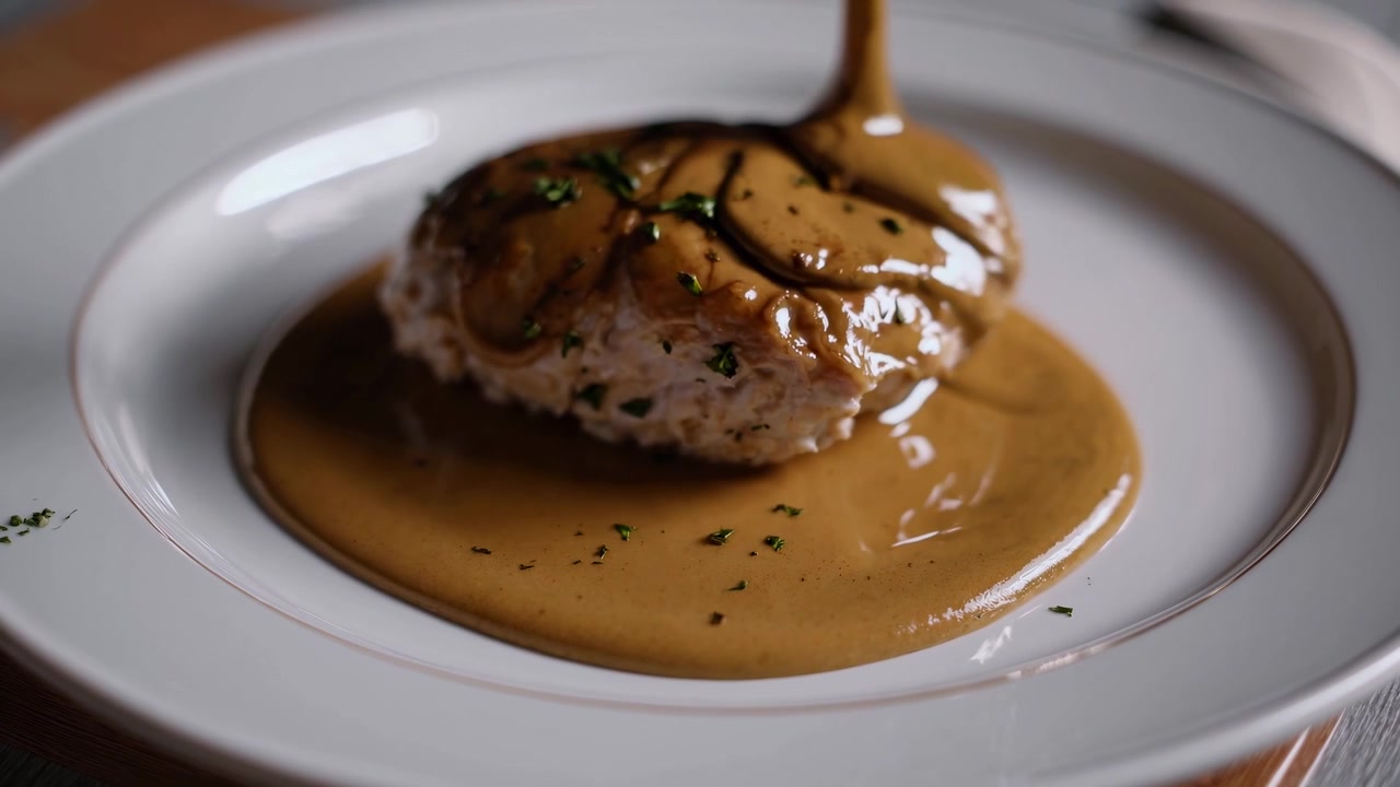 Rich Brown Sauce Being Poured Over Gourmet Meatball