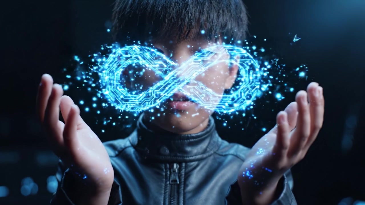 Un giovane innovatore cattura l'essenza delle infinite possibilità con un simbolo dell'infinito olografico luminoso tra le mani, evocando immaginazione e tecnologie future.
