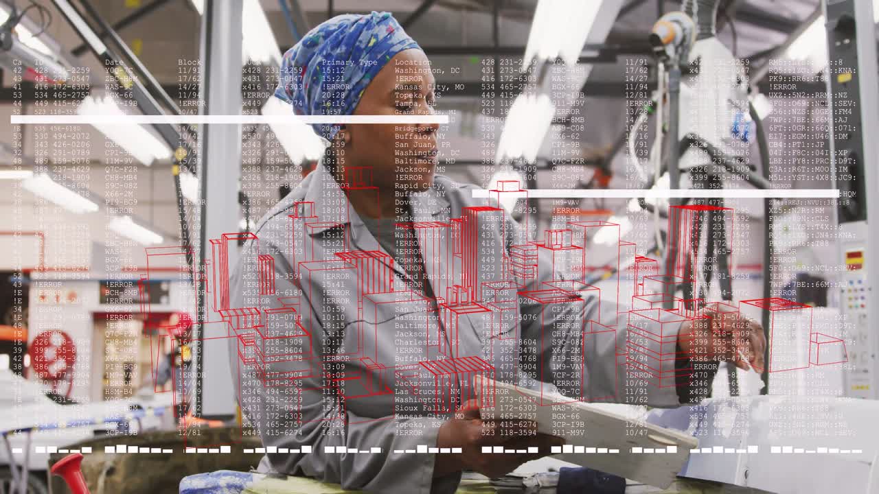 Aligning worker in gray coat blue scarf inserting sheet into machine, reacting to data with folder