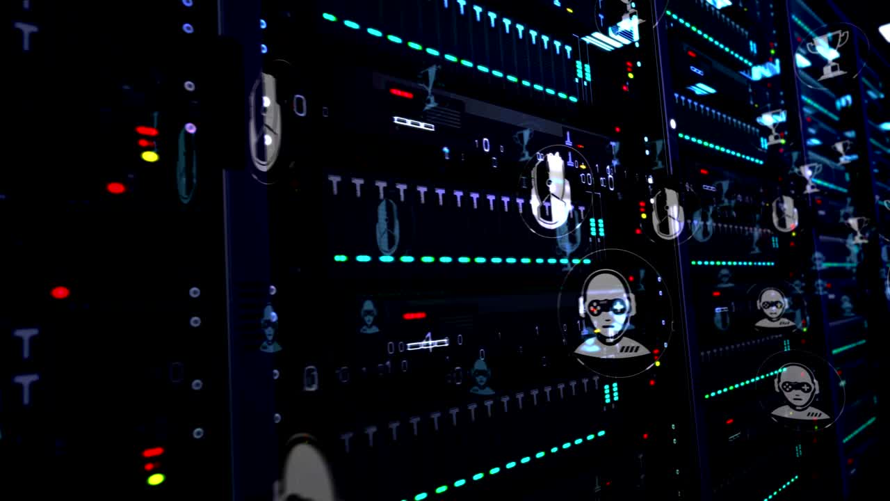 Servers room with cyber game and esport symbols loop animation