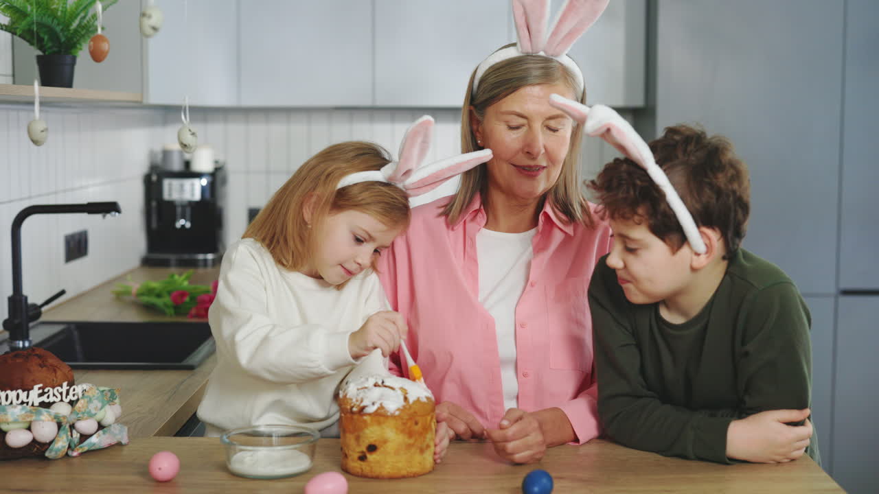 Grandparents and Grandchildren Decorating Easter Bread