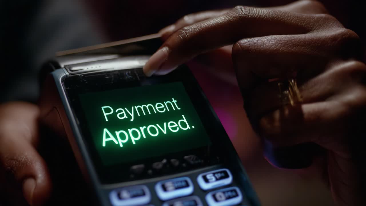 A Close-Up View of a Payment Terminal Displaying 'Payment Approved' Confirmation, Highlighting Successful Transactions and Modern Payment Methodologies Used in Retail Environments