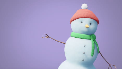 animation of christmas snow man moving over purple background