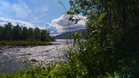 River-stream-of-fresh-water,-fjords-and-mountains-of-beautiful-Norway-nature,-reveal-dolly-shot