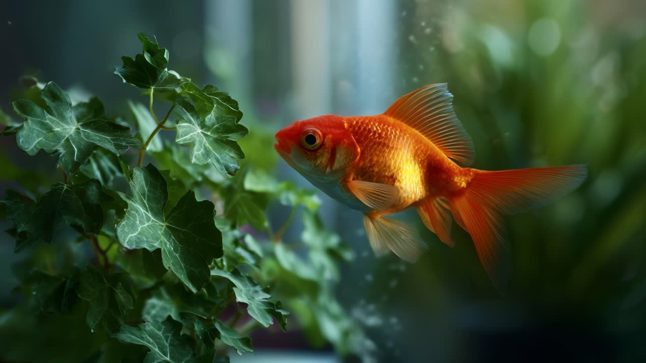 En livlig guldfisk svømmer elegant gennem et frodigt vandmiljø og viser sin klare farve og legende bevægelser blandt grønt løv og bobler