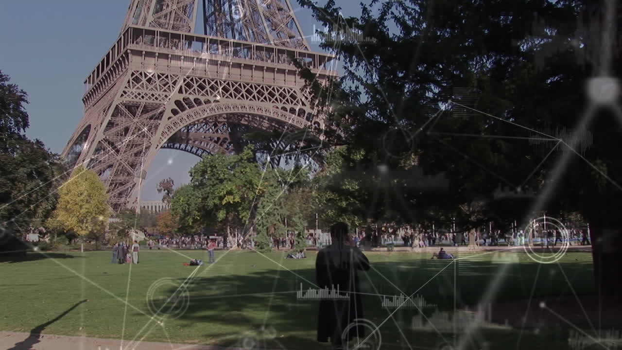 Animation of screen with data processing over sports stadium