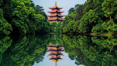 reflective pagoda in a lush garden
