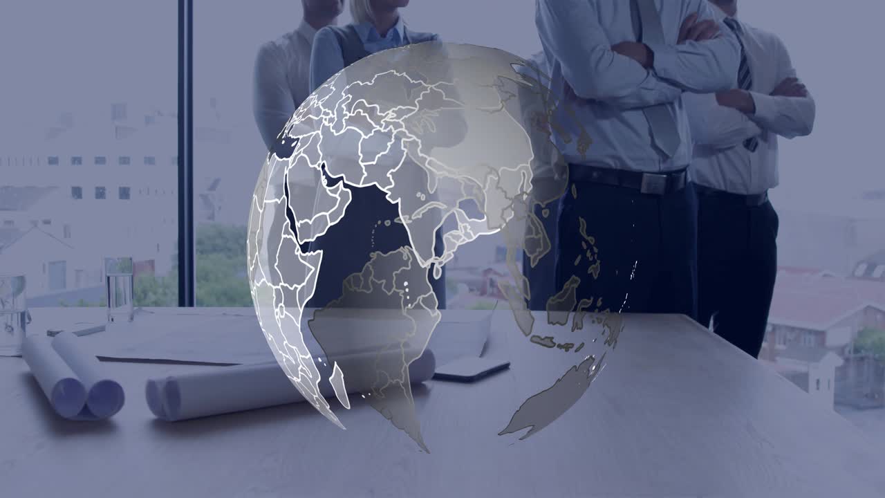 Globe fading in, rotating above table while team standing crossed-armed, signaling global strategy