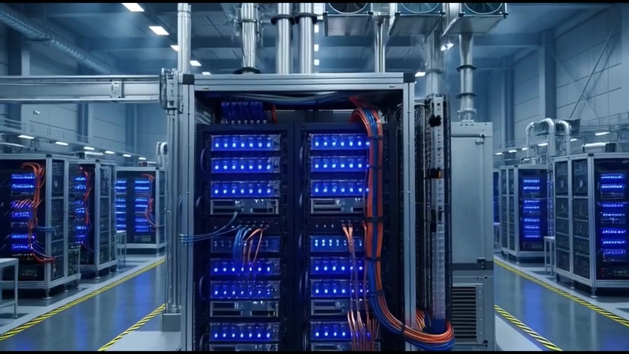 Dolly-skud bevæger sig gennem et moderne datacenter serverrum