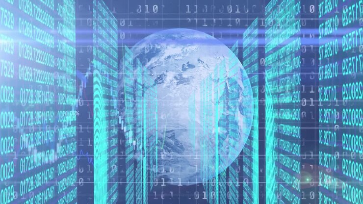 Animation of data processing, globe and lights on navy background