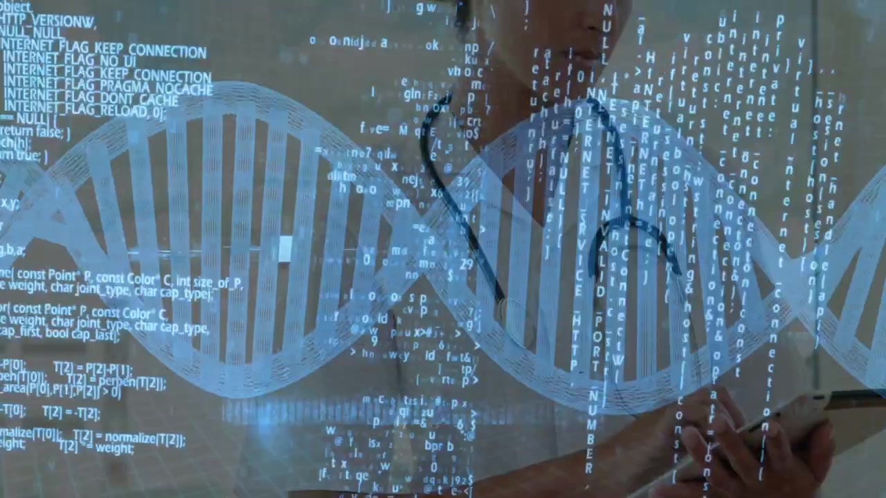 Female doctor tapping handheld device, animating DNA helix and streaming code while entering data