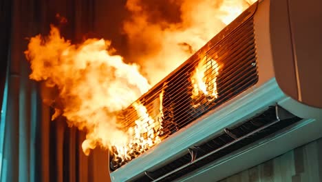 a fire is burning in an air conditioner on the wall