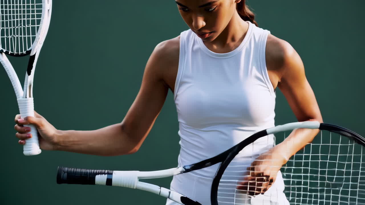 Female Tennis Player with Rackets on Court