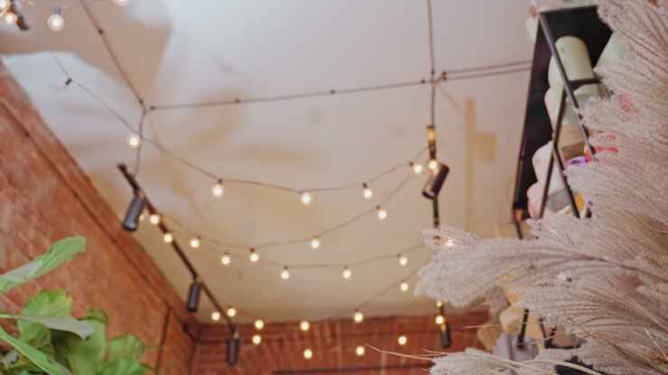 Cozy florist studio filled with plants, soft string lights over brick walls, hanging ferns and potted succulents on industrial shelves, sunlight through arched window, ceramic pots and dried pampas