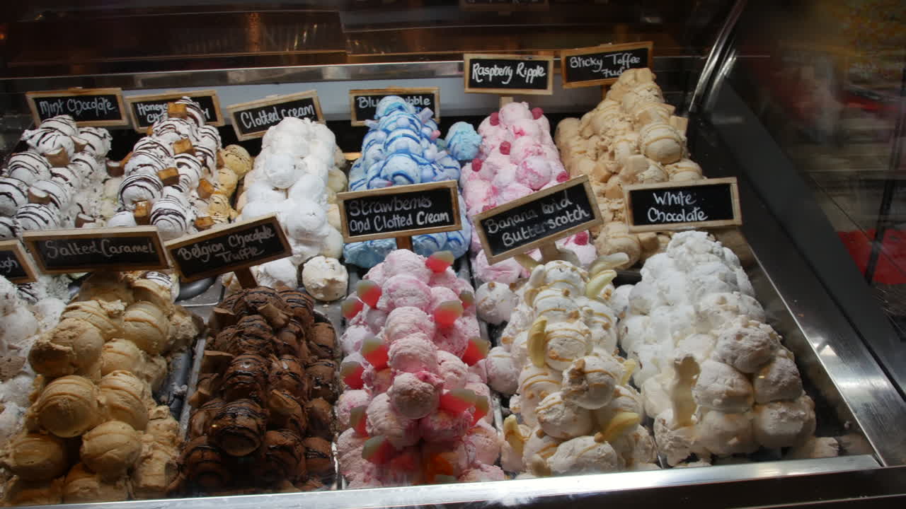 Ice cream counter showcase with different varieties of icecream