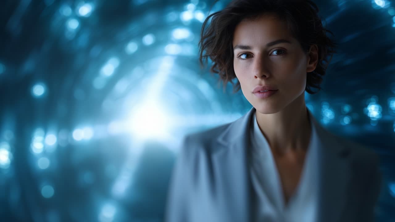 Una donna contemplativa in un ambiente futuristico, circondata da motivi di luce eterei, che mostra un momento di introspezione e connessione con l'ignoto.