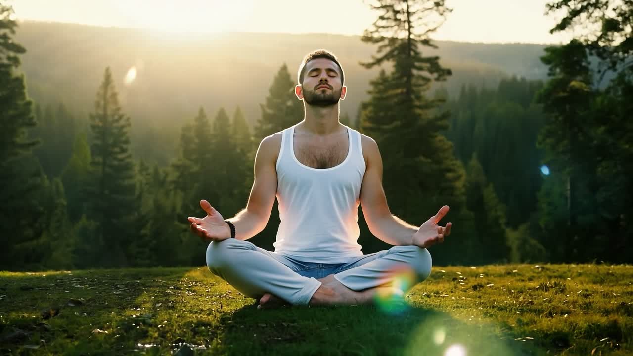 hombre meditando en el bosque al atardecer