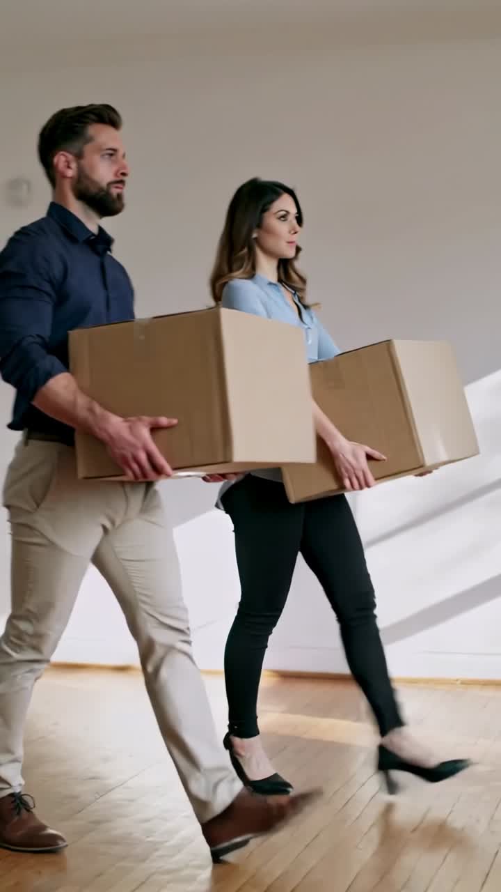 Vertical video: Door opening sending couple carrying cardboard boxes into room, moving in smartwear