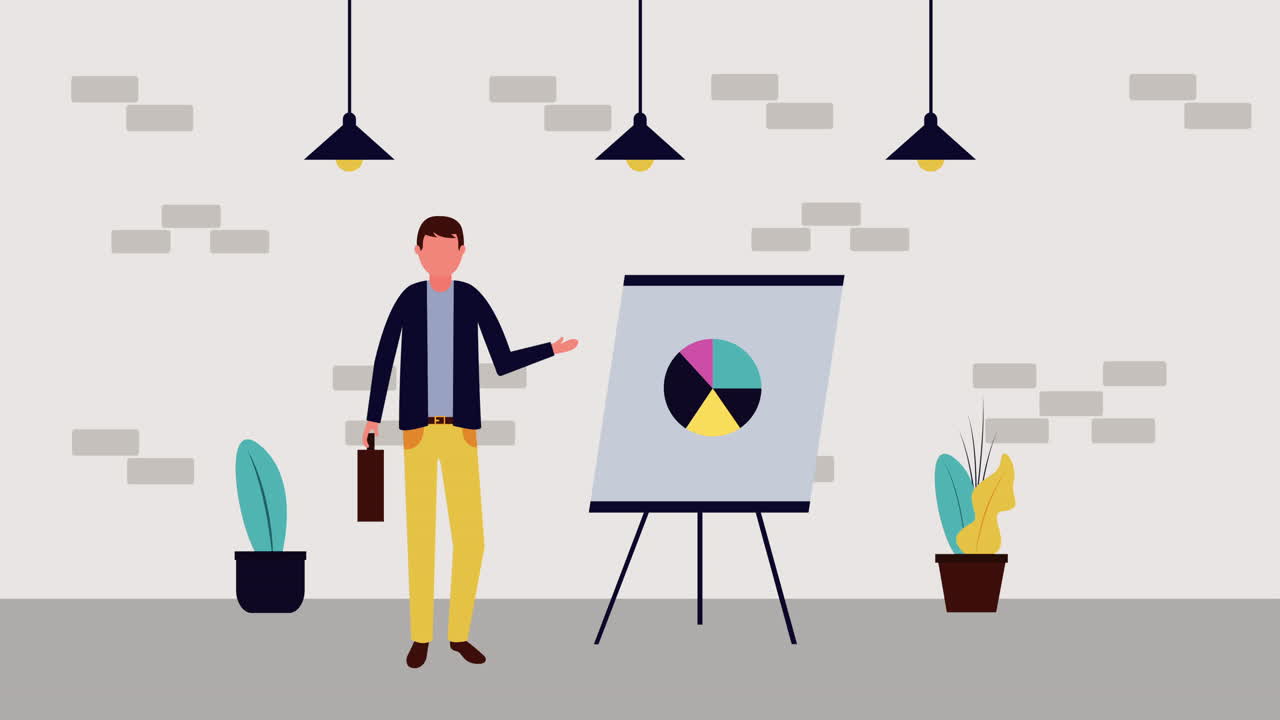 businessman with paperboard and statistics avatar character