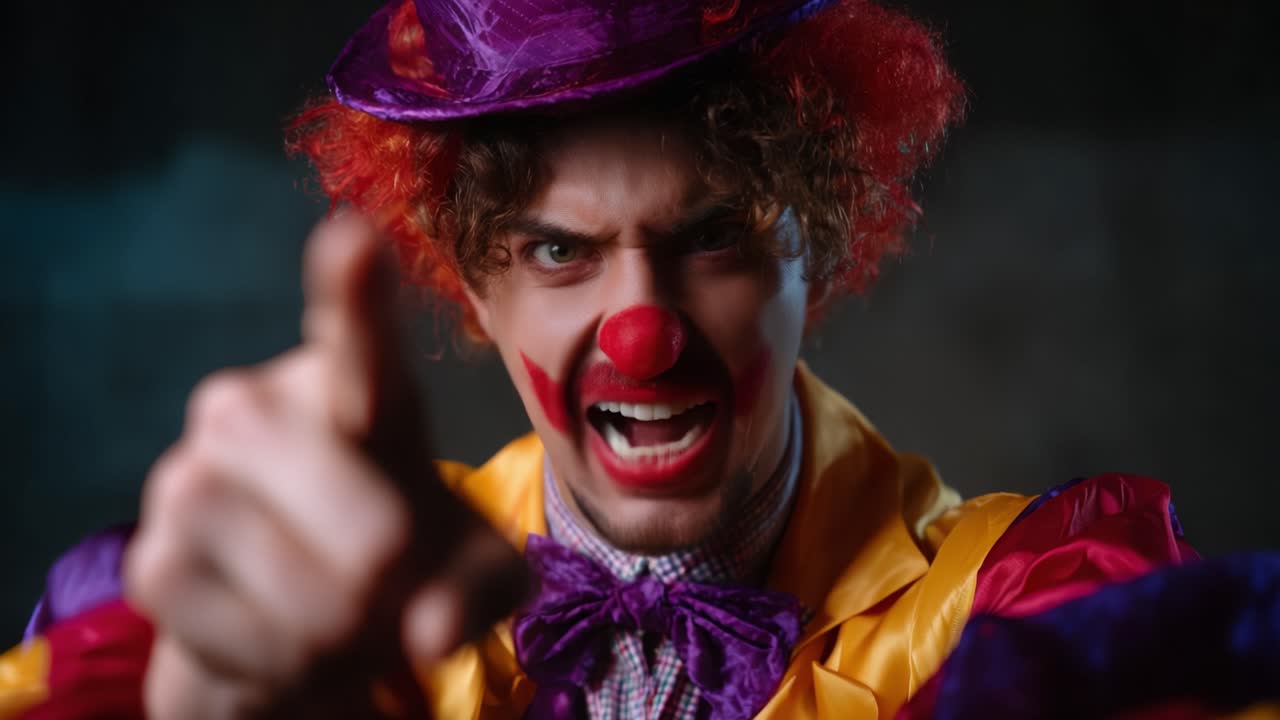 Intense Clown Character Portraying Emotion and Drama with Vivid Makeup and Costume in the Spotlight Captured in Two Dramatic Frames