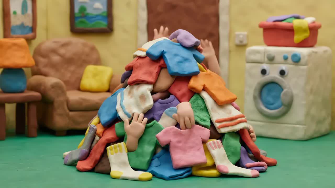 Clay Character Struggling Under a Pile of Laundry