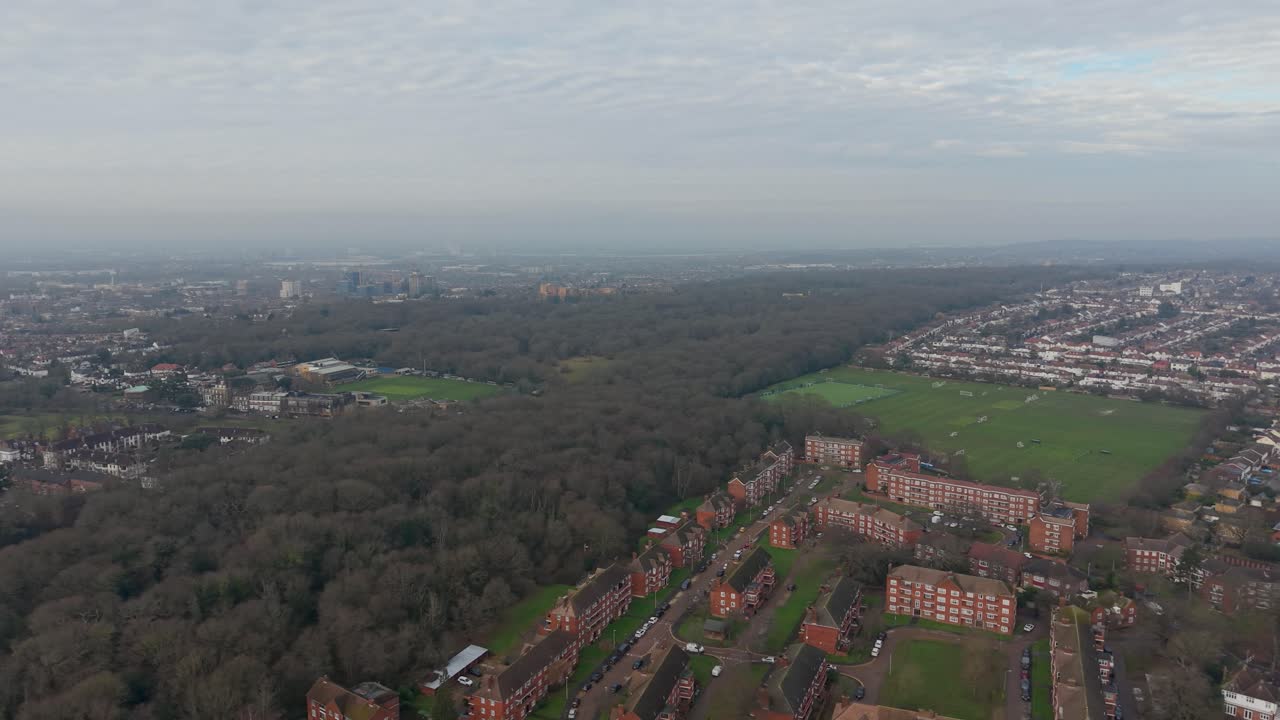 Panoramica aerea con drone su Aldersbrook e Wanstead Flats verso East London