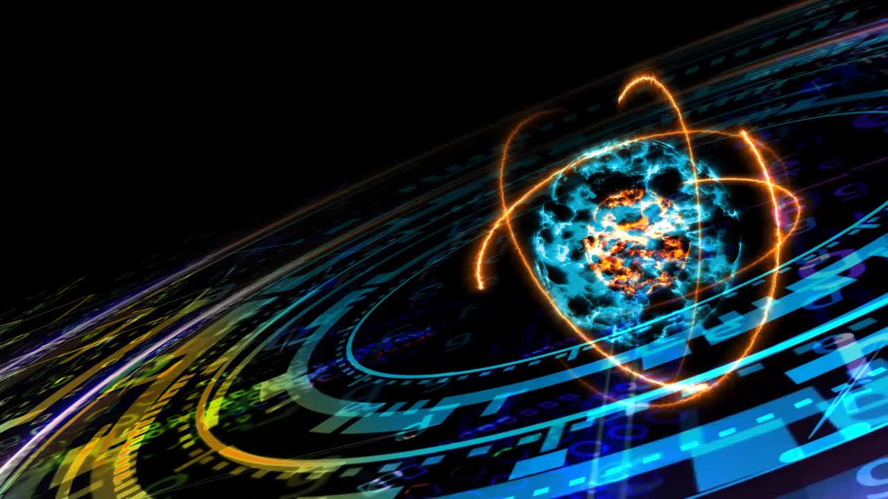 quantum futuristica tecnologia informatica effetto anello e astratto colorato nucleo atomico con modello di matrice digitale e laser