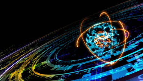 quantum futuristic computer technology ring effect and abstract colorful core atom with digital matrix template and laser