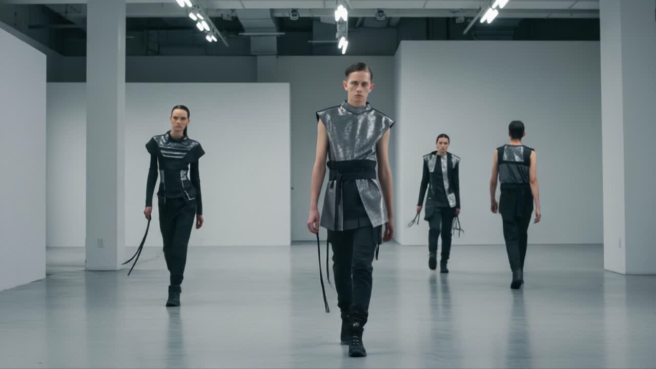A Stunning Showcase of Modern Fashion: Exploring the Bold and Innovative Designs of Contemporary High-Fashion Walkers in a Minimalist Gallery Space