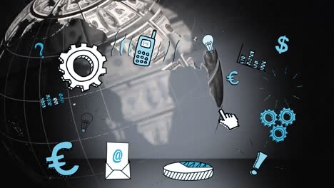 animation of digital icons over globe formed with american dollar banknotes on grey background