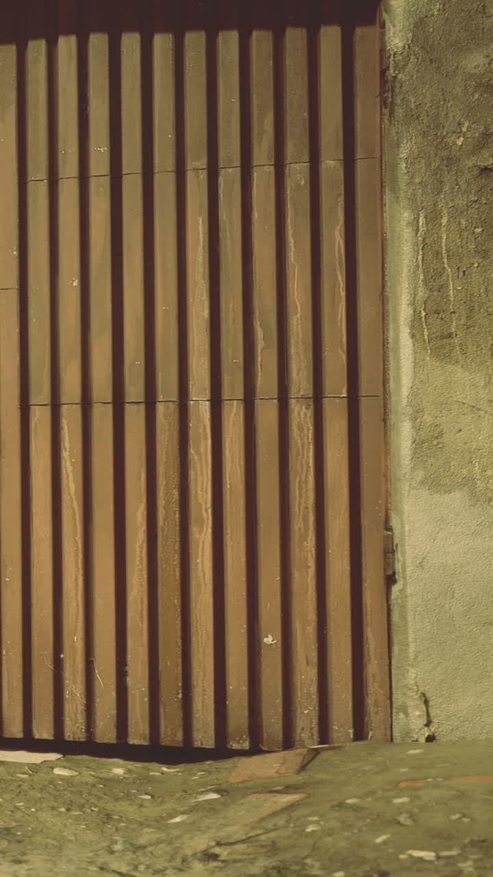 Porta di legno con doghe verticali situata in un'area urbana durante il giorno