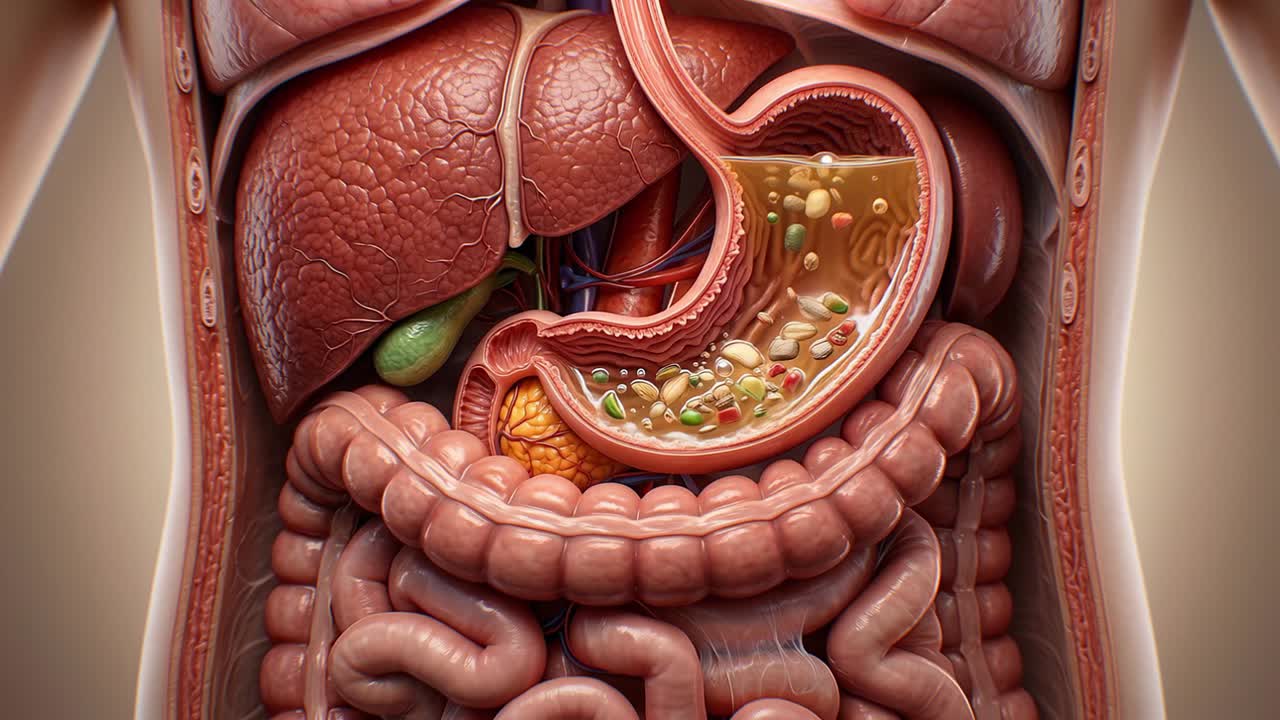 Cross section of human digestive system showing food moving and breaking down inside the stomach cavity