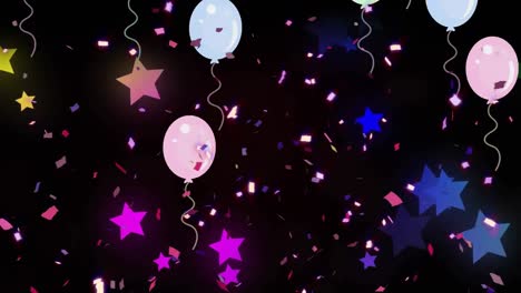 Animación-De-Coloridas-Estrellas-Navideñas,-Globos-De-Fiesta-Y-Confeti-De-Año-Nuevo-En-El-Cielo-Nocturno