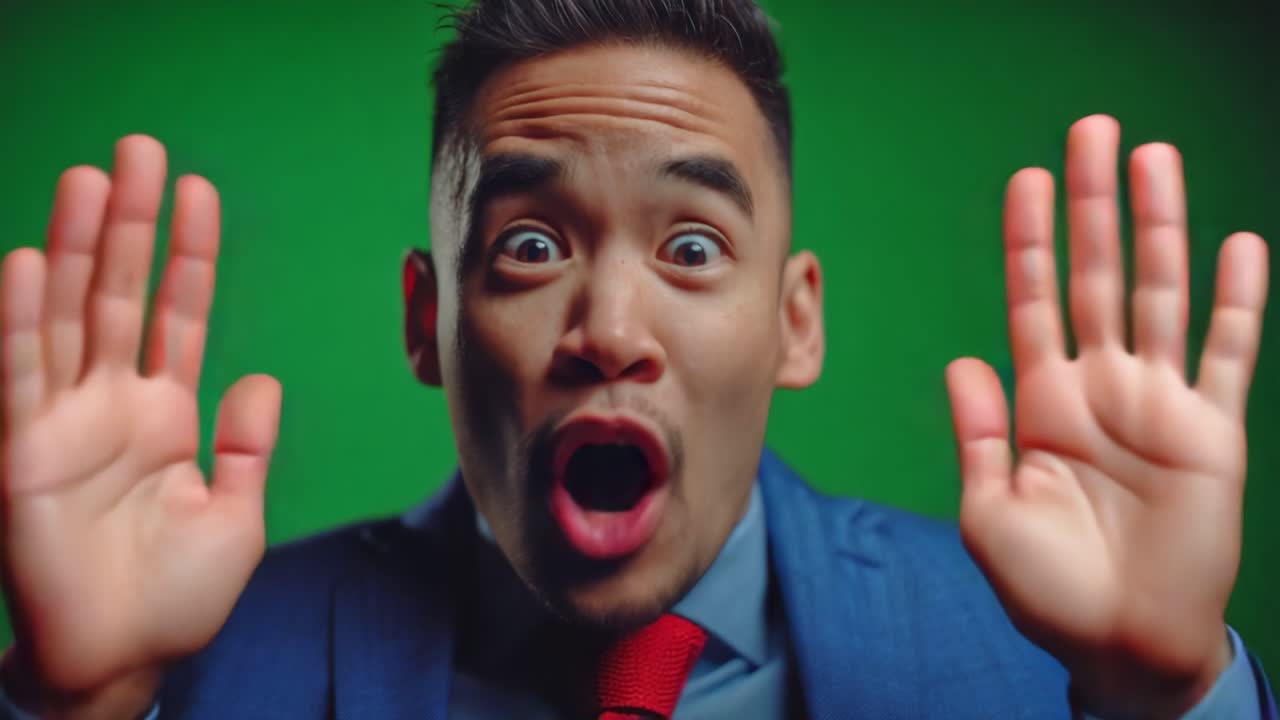 Espressione stupita catturata: un uomo in giacca e cravatta mostra sorpresa ed entusiasmo su uno sfondo verde brillante in due fotogrammi distinti di un video.