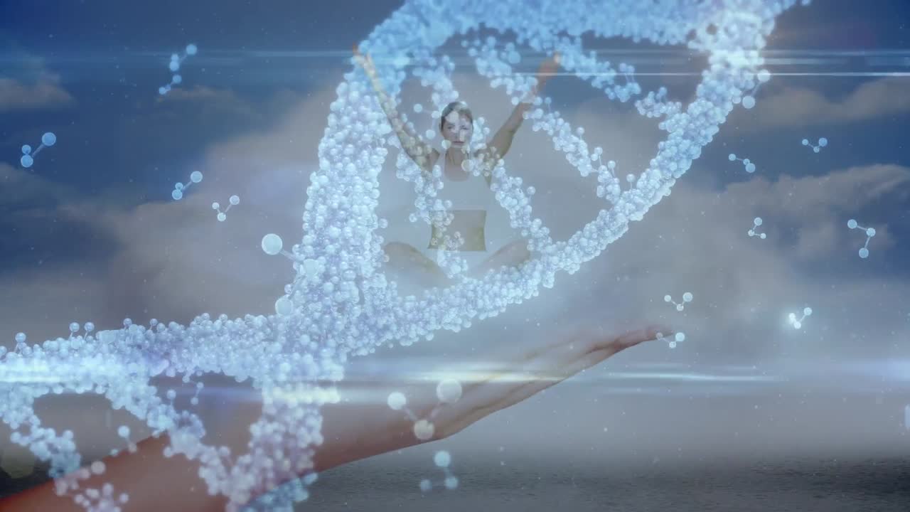 Animação de DNA e moléculas sobre mulher caucasiana praticando yoga