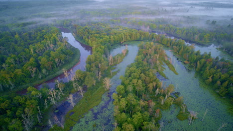 aerial shot flying the crazy river bends of the wild manistee river in northern michigan at sunrise on a foggy morning