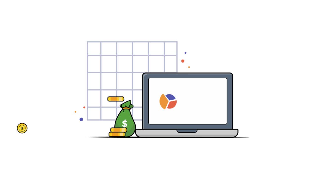 Animierter Laptop mit Finanzwachstum und Datenanalyse