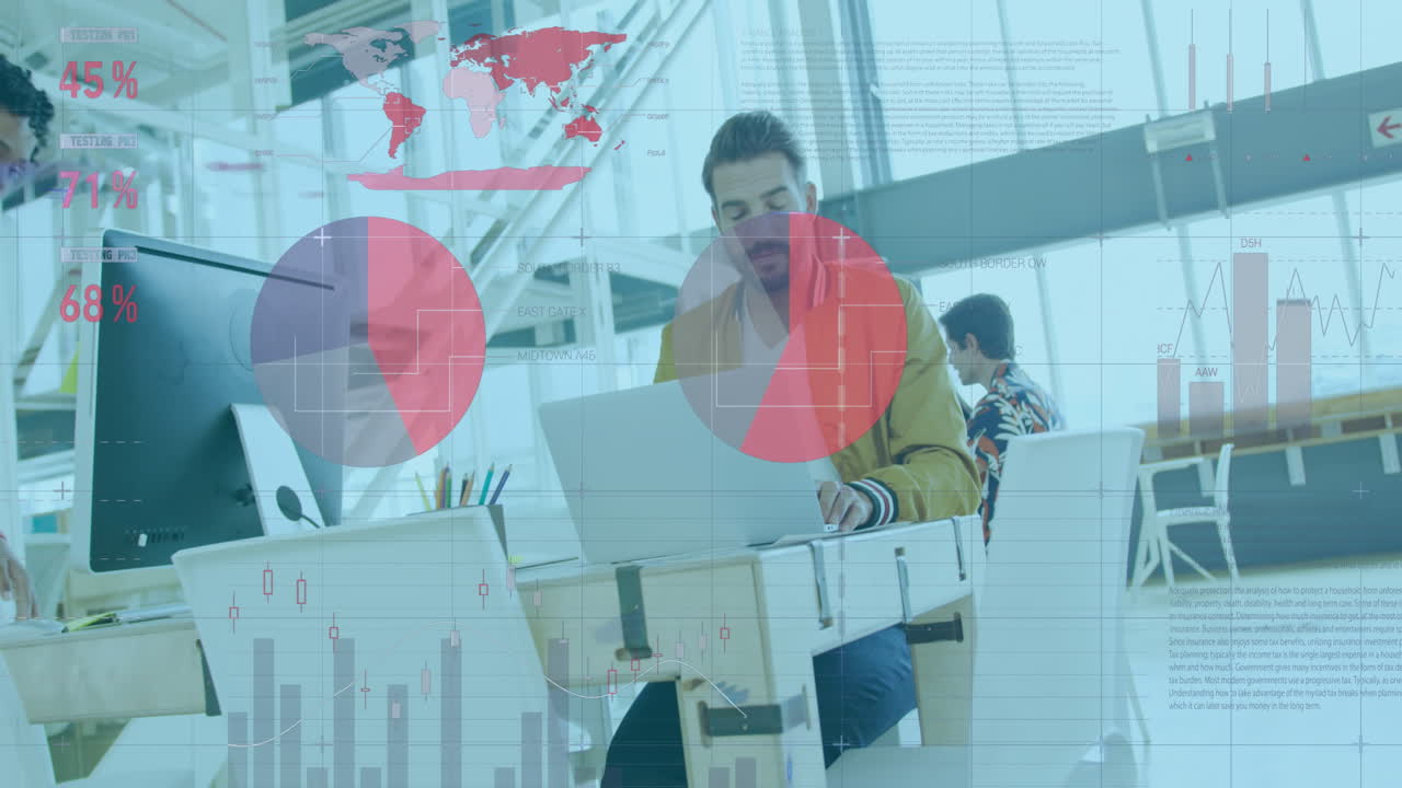 animación de procesamiento de datos estadísticos contra un hombre biracial usando una computadora portátil en la oficina