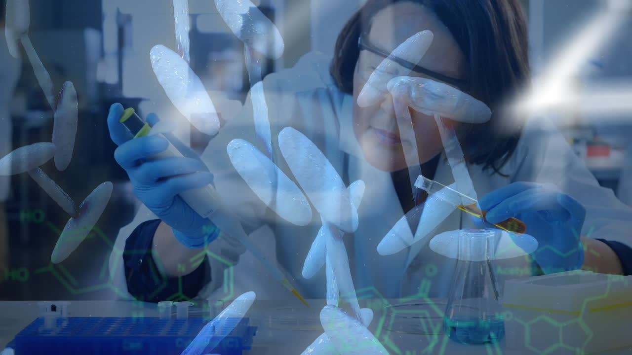 dna 가닥을 회전시키는 애니메이션과 과학자에 대한 수학적 공식