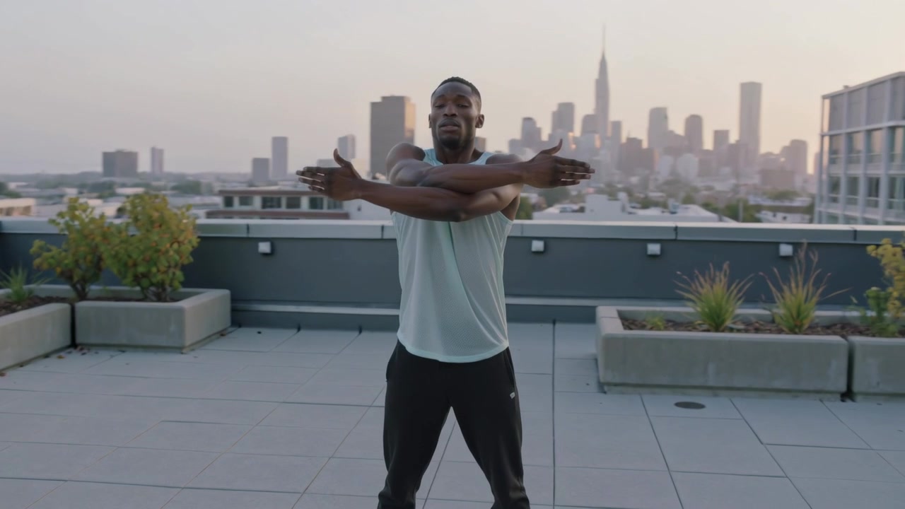 Starting warm-up man in tank top, joggers doing crossbody stretch on roof near planters