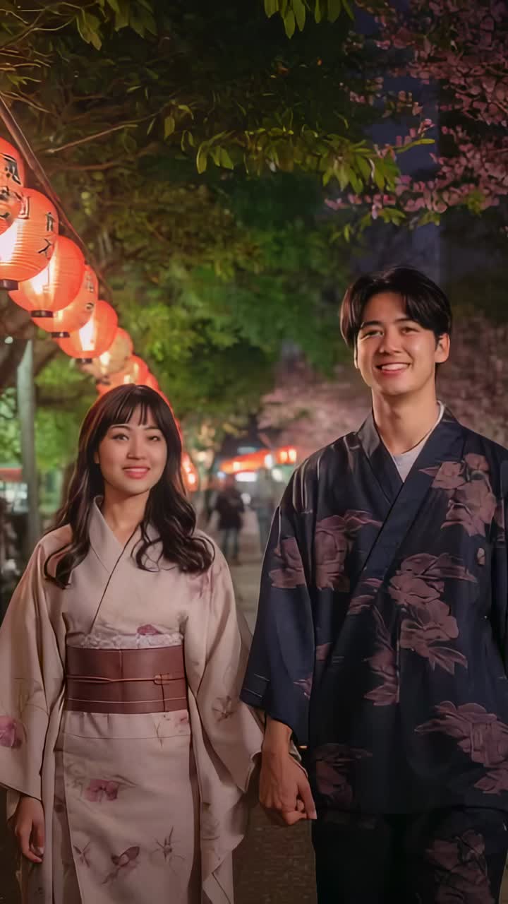 Video verticale: coppia che cammina indossando kimono e obi, tenendosi per mano su un sentiero notturno e superando lanterne rosse