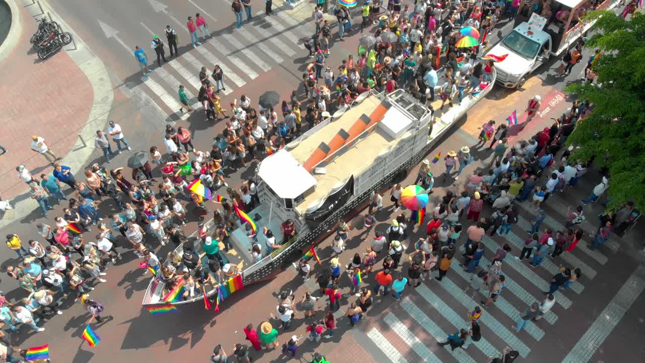 DRONE SHOT OF LGBTQ PARADE IN GUADALAJARA MEXICO