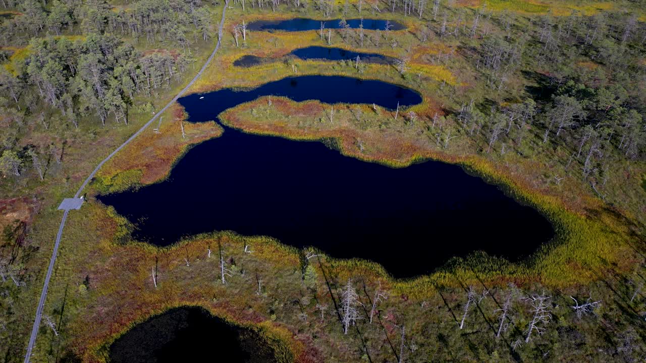 Slow motion drone cinematic flight over beautiful blue lakes in natural area