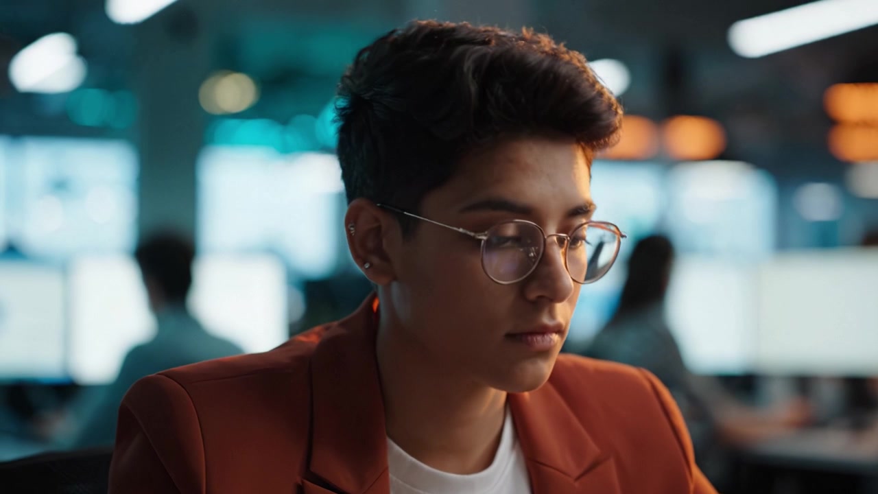 Focused Professional in a Workspace: Engaging with Tasks in a Modern Office Environment, Highlighting Concentration and Innovation in a Dynamic Setting