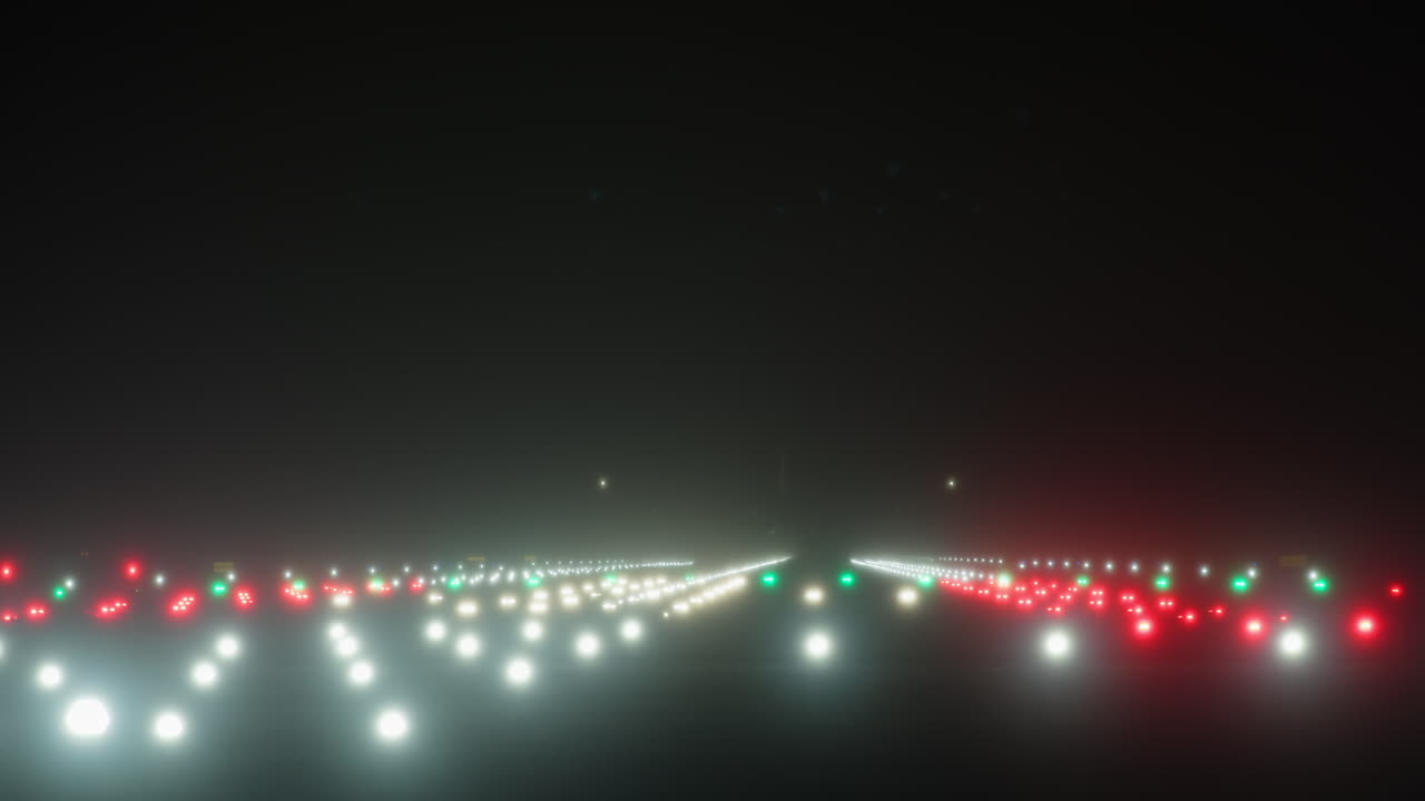 Atterraggio di un aereo su una pista nebbiosa di notte.