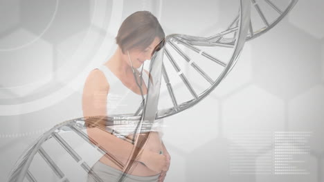 animación de procesamiento de datos y cadena de adn sobre mujer caucásica embarazada que usa estetoscopio
