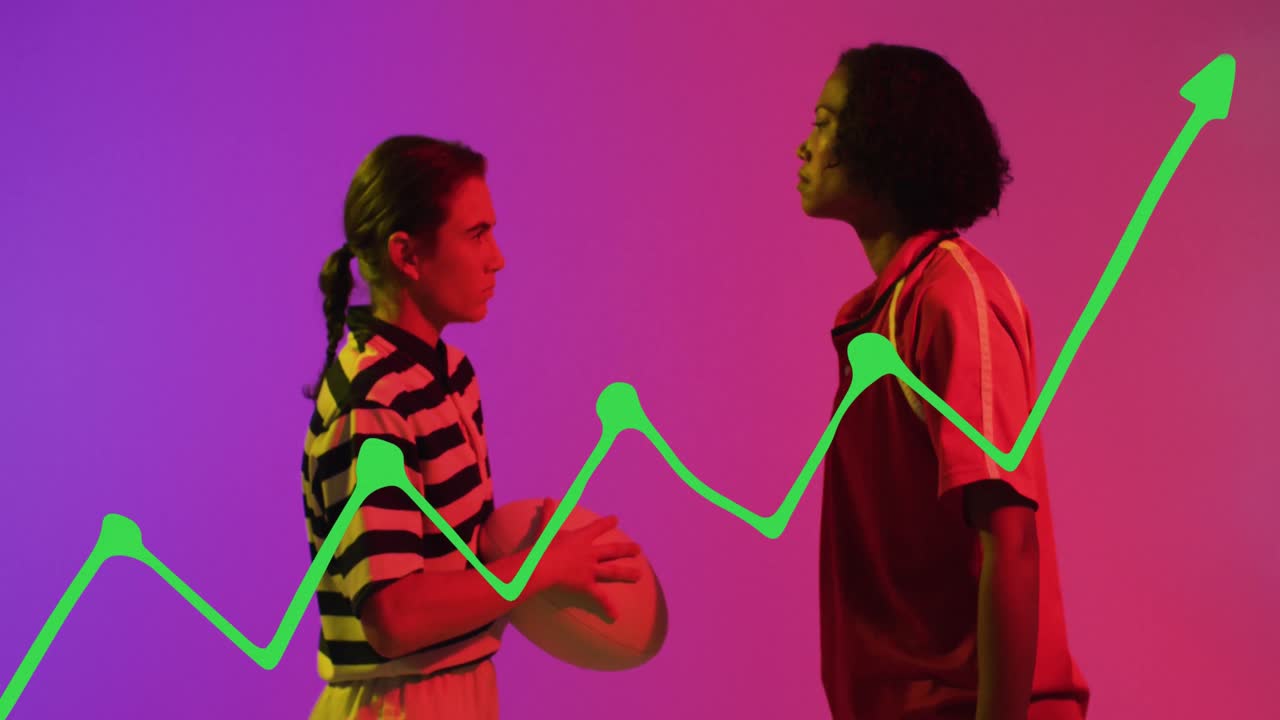 animación del procesamiento de datos sobre jugadoras de rugby en fondo de neón.