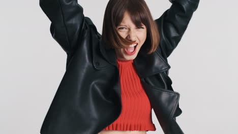 cheerful woman celebrating victory